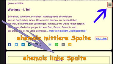 Bildschirmfoto: Der lila Pfeil zeigt den Weg der linken Spalte von links unter den Hauptbereich, der blaue Pfeil zeigt auf das 'Hamburger'-Menü.
