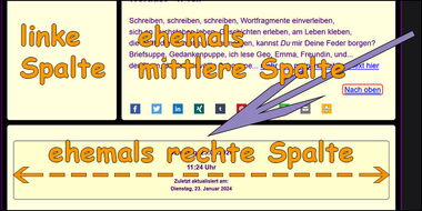 Bildschirmfoto: Der lila Pfeil weist auf die nach unten rutschende rechte Spalte hin, die orangenen Pfeile weisen auf ihre neue Breite hin.