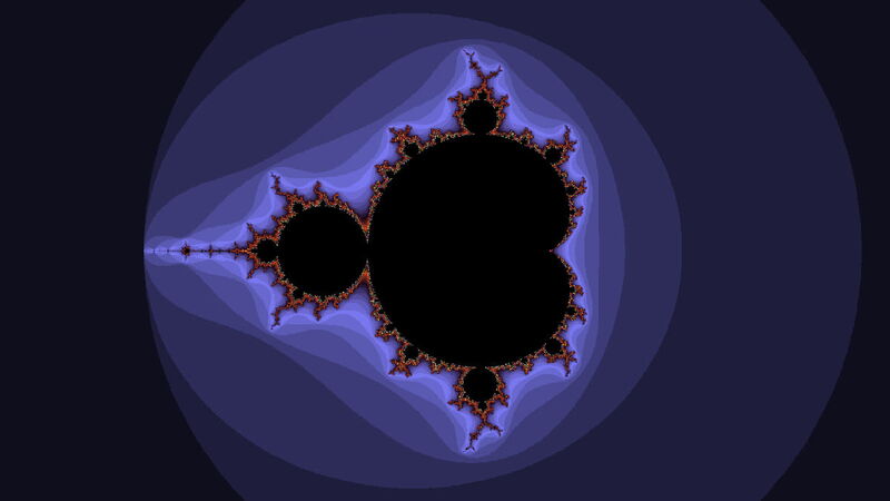 Grafik: Das Apfelmännchen-Fraktal in vielschichtig blauer Farbumgebung.