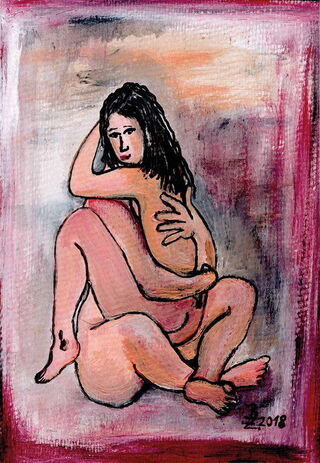 Malbild: Ein Paar liebt sich. Der Mann hockt am Boden, die Frau hockt auf seinem Scxhoß, ihr Körper ihm zugewandt.