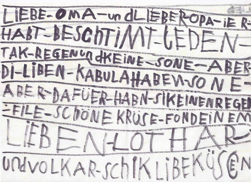 Brief: Schwarze Blockschrift auf schwarzen Linien auf einem weißen Blatt im Querformat.