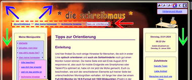 Bildschirmfoto: Die blauen Pfeile zeigen den Rahmen, die grünen Pfeile den schmaler werdenden Außenabstand, der rote Pfeil das Brotkrumenmenü..