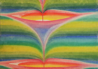 Malbild: Rot-gelbe Trichter fließen von oben nach unten vor einem blau-grün wechselnden Hintergrund ineinander.