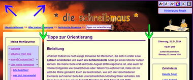 Bildschirmfoto: Die blauen Pfeile weisen auf den fehlenden gelben Rahmen hin, die grünen Pfeile auf die schmaleren Spalten.