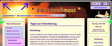 Bildschirmfoto: Die blauen Pfeile weisen auf den gelben Rahmen, die grünen Pfeile auf den schmaleren Außenabstand hin.