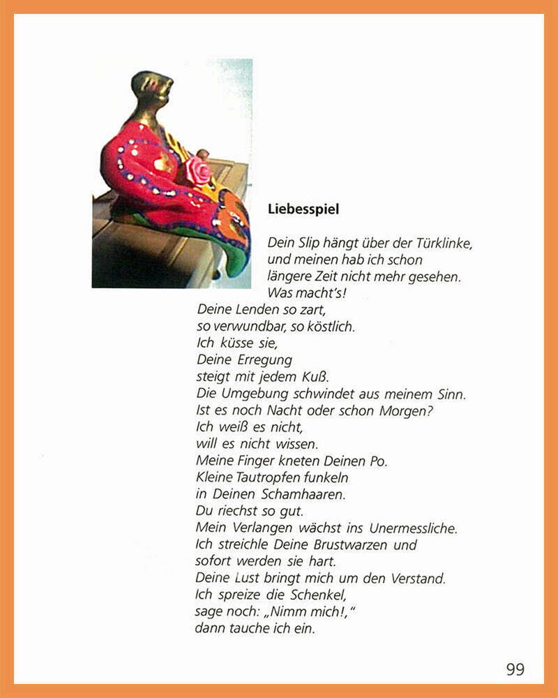 Scan: Hier ist die dritte Seite mit dem zweiten Text und dem Foto einer bunten Frauenskulptur zu sehen.