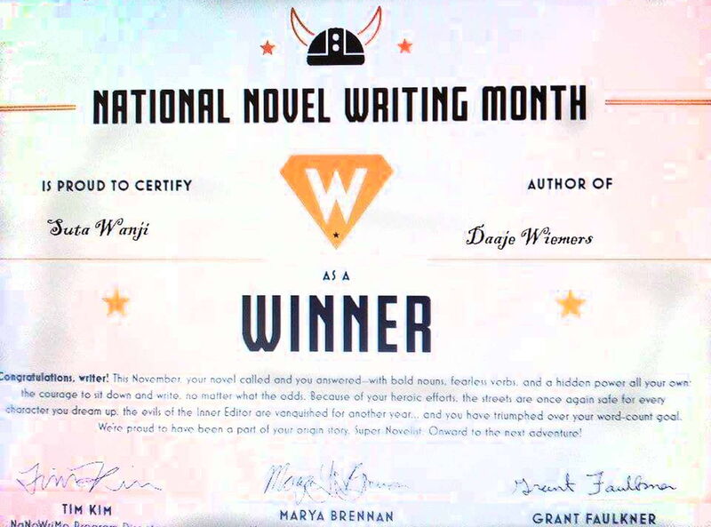 Foto: Die englischsprachige Siegerurkunde zu Suta Wanji's Novelle "Daaje Wiemers".