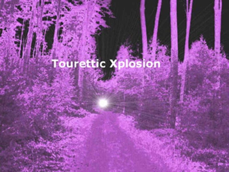 Fotomontage: Ein Weg führt durch den violett eingefärbten Wald, im Hintergrund ein kleines grellweiß strahlendes Licht.