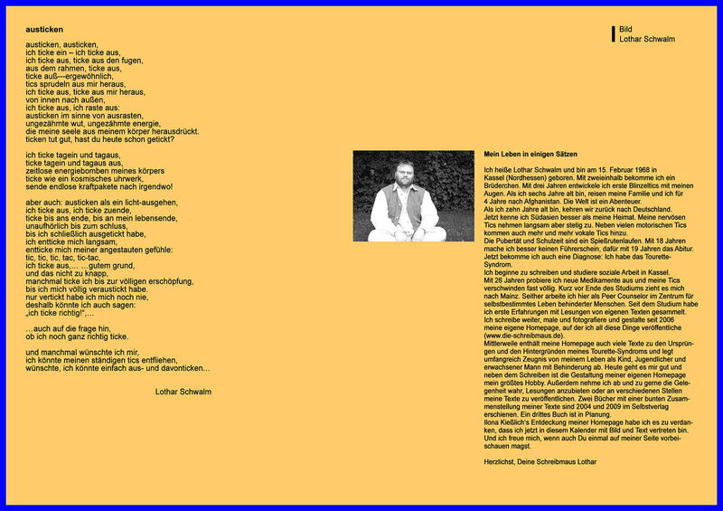 Grafik: Links mein Gedicht "austicken", in der Mitte ein s/w-Foto von mir und rechts eine Selbstbeschreibung.