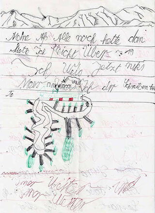 Brief: Auf der Rückseite oben und unten einige Zeilen Schrift, dazwischen eine Zeichnung von einem Tausendfüßler.