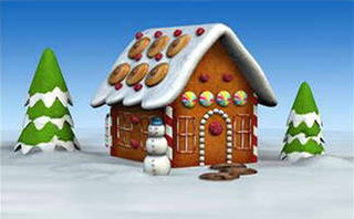 Grafik: Ein Lebkuchenhäuschen mit einem Schneemann davor zwischen zwei Tannen.