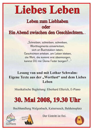 Grafik: Das von der Buchhandlung überarbeitete, etwas schlichtere Plakat zur Ankündigung der Lesung mit musikalischer Begleitung.