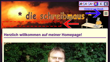 Bildschirmfoto: Der Kopfbereich meiner Website zeigt kein Brotkrumen-Menü mehr. Ein blauer Pfeil weist auf das Hamburger-Menü oben rechts.