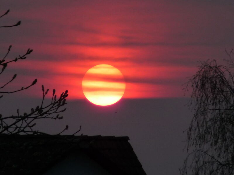 Foto: Tiefe, gelbe, dunkelrote und schwarze Lichtspiele am Mainzer Abendhimmel bei Sonnenuntergang.