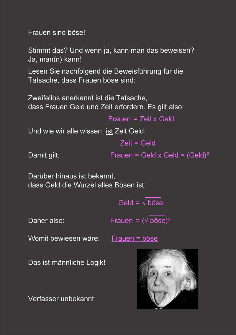 Mehrere Textbausteine und mathematische Gleichungen zeigen, dass Faruen böse sind. Unten ist Albert Einstein zu sehen.