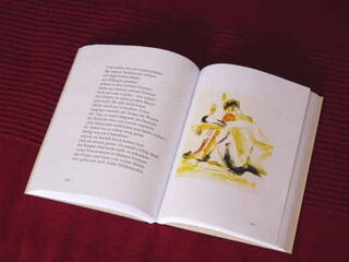 Foto: Eine aufgeschlagene Doppelseite meines zweiten Buches. Links ist ein Text zu sehen, rechts ein Aquarellbild eines nackten Mannes.