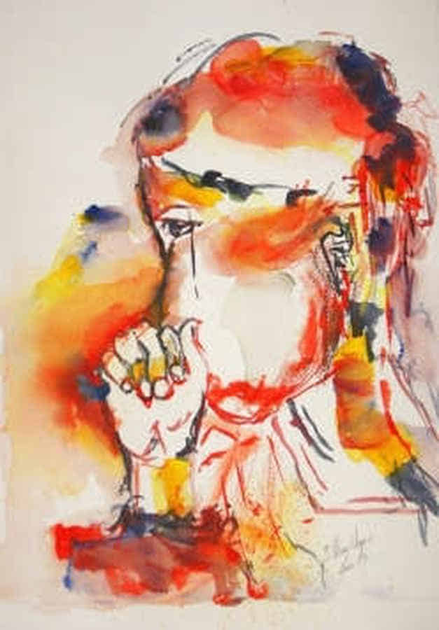 Gemälde: Eine junge Frau schaut mit der Faust am Kinn nach links.