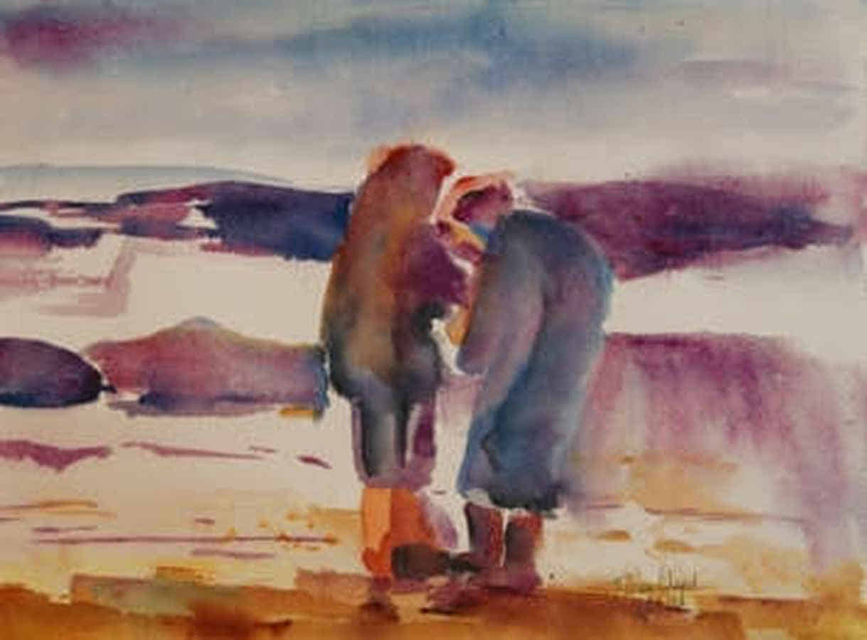 Gemälde: Zwei eingepackte Gestalten begegnen sich am Dünenstrand.