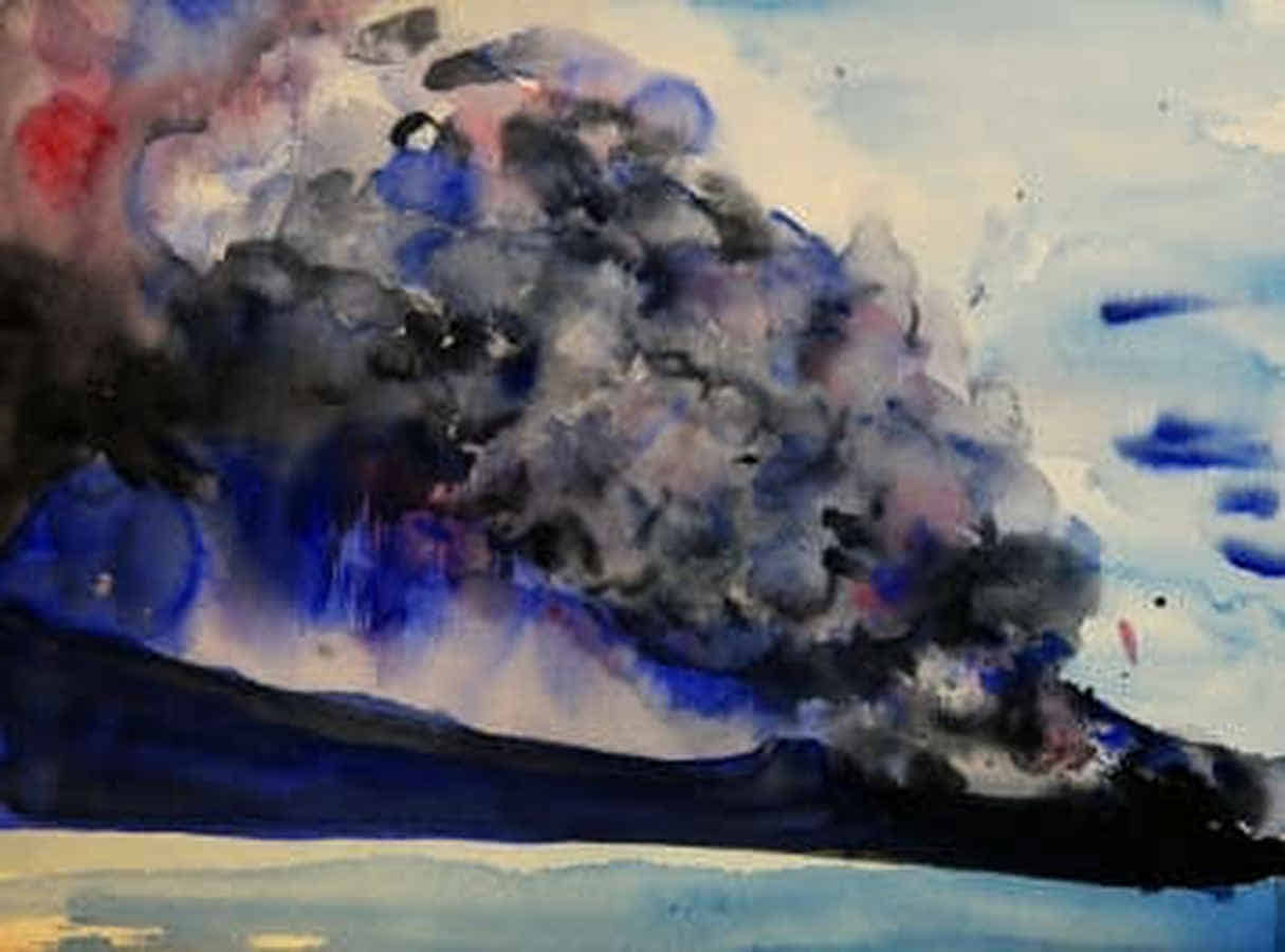 Gemälde: Dunkle Rauchwolken steigen aus einem Krater empor.