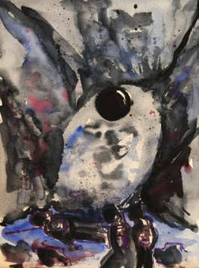 Gemälde: Am Kraterrand schauen Astronauten auf die schwarze Kugel.