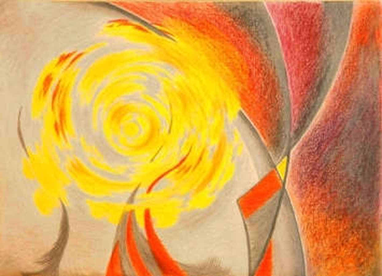 Gemälde: Eine Sonne glüht goldgelb vor orange-grauen Flächen.