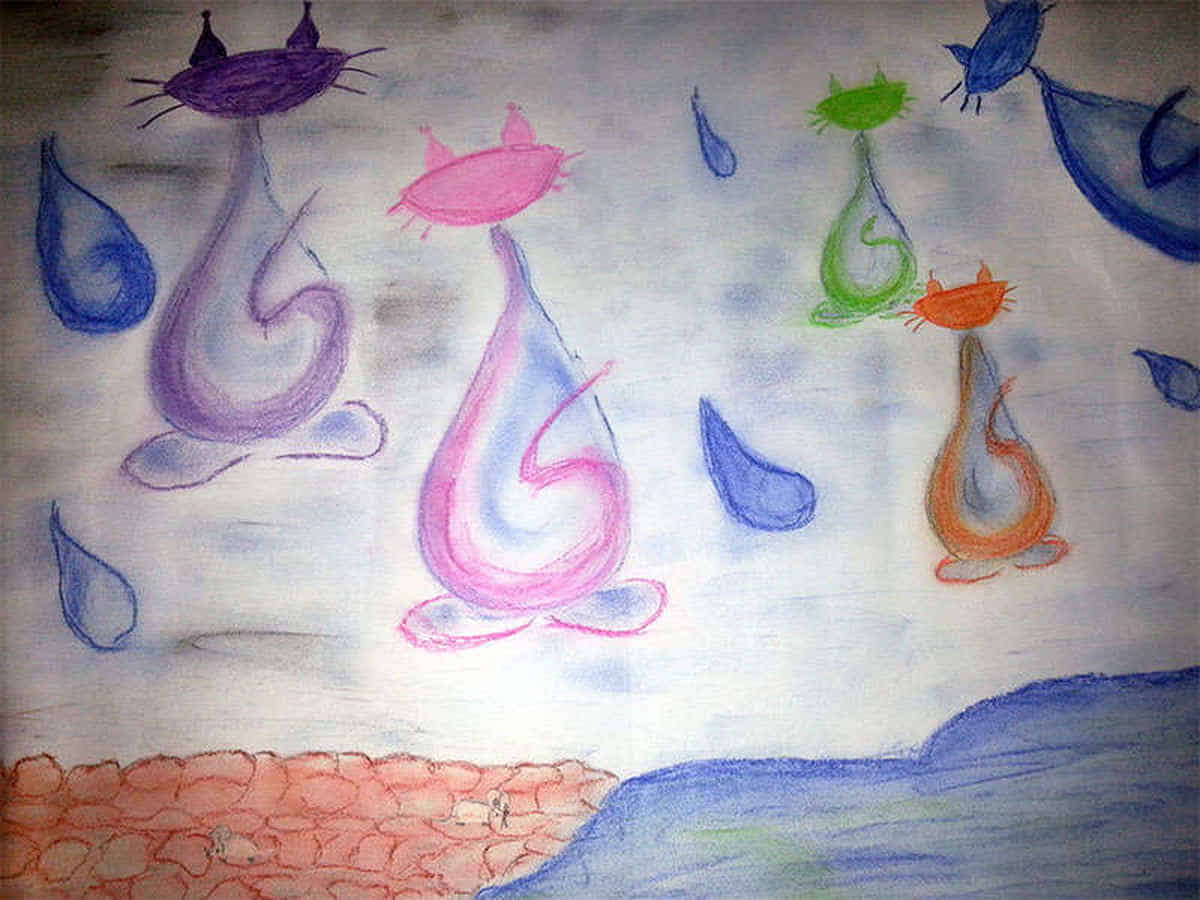 Malbild: Farbige Katzen tropfen auf den Asphalt.