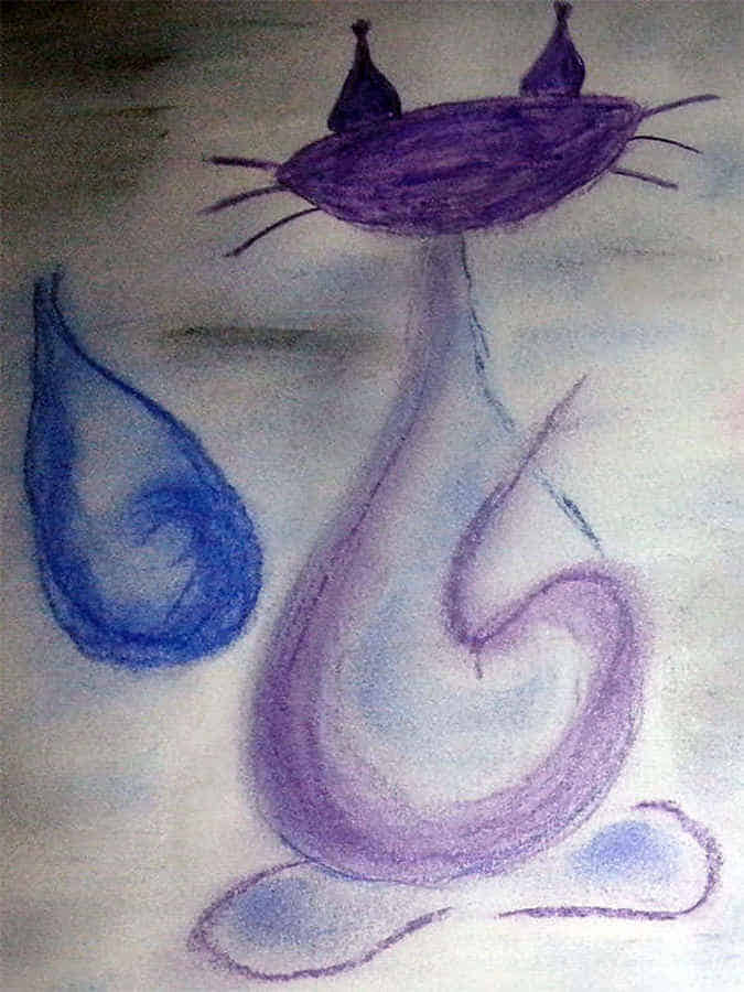 Malbild: Eine lila Katze regnet nieder.