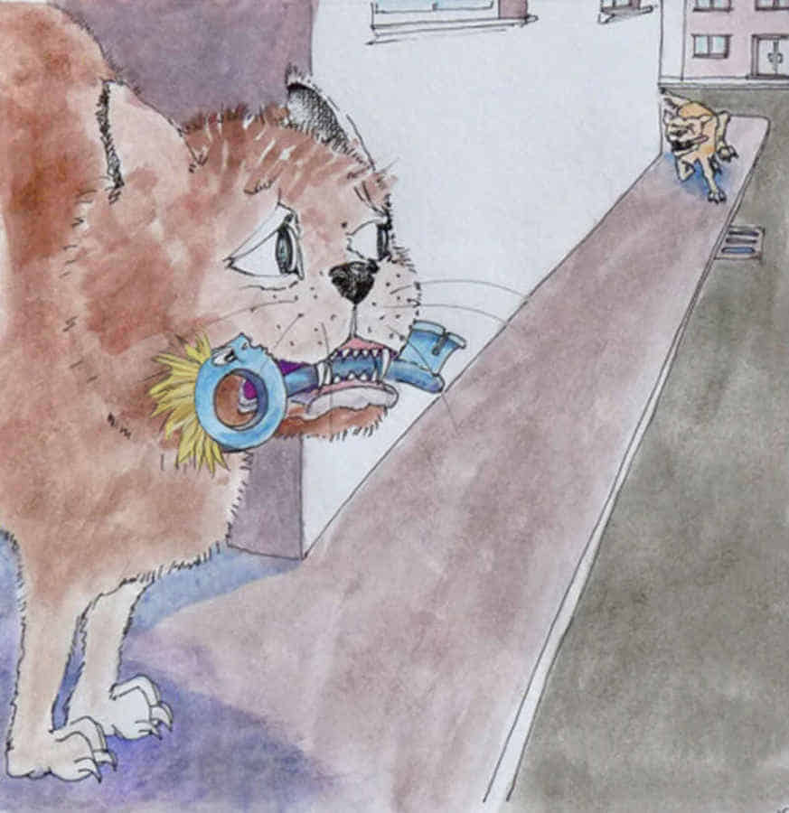 Grafik: Eine Katze hat den kleinen Schlüssel im Maul. Im Hintergrund kommt ein Hund angerannt. Grafik: Eine Katze hat den kleinen Schlüssel im Maul. Im Hintergrund kommt ein Hund angerannt.