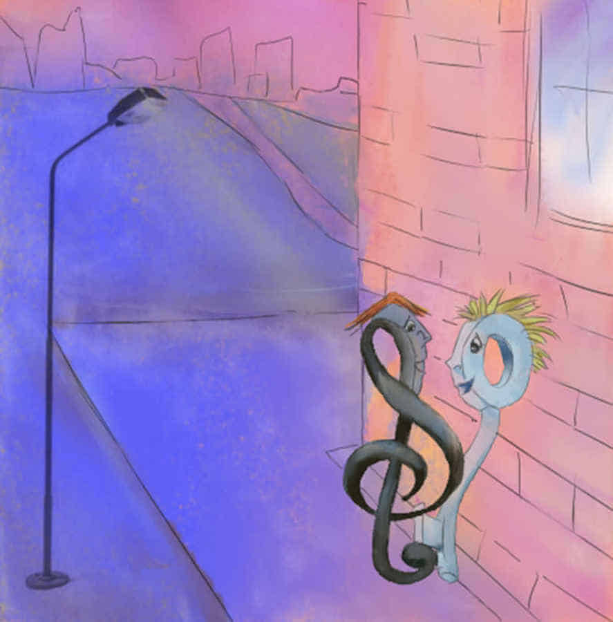 Grafik: Der kleine Schlüssel und der Musikschlüssel unterhalten sich. Grafik: Der kleine Schlüssel und der Musikschlüssel unterhalten sich.